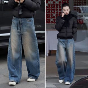 加绒宽松显瘦高腰直筒裤 拉夏贝尔版 冬季 女2025新款 型超好看牛仔裤