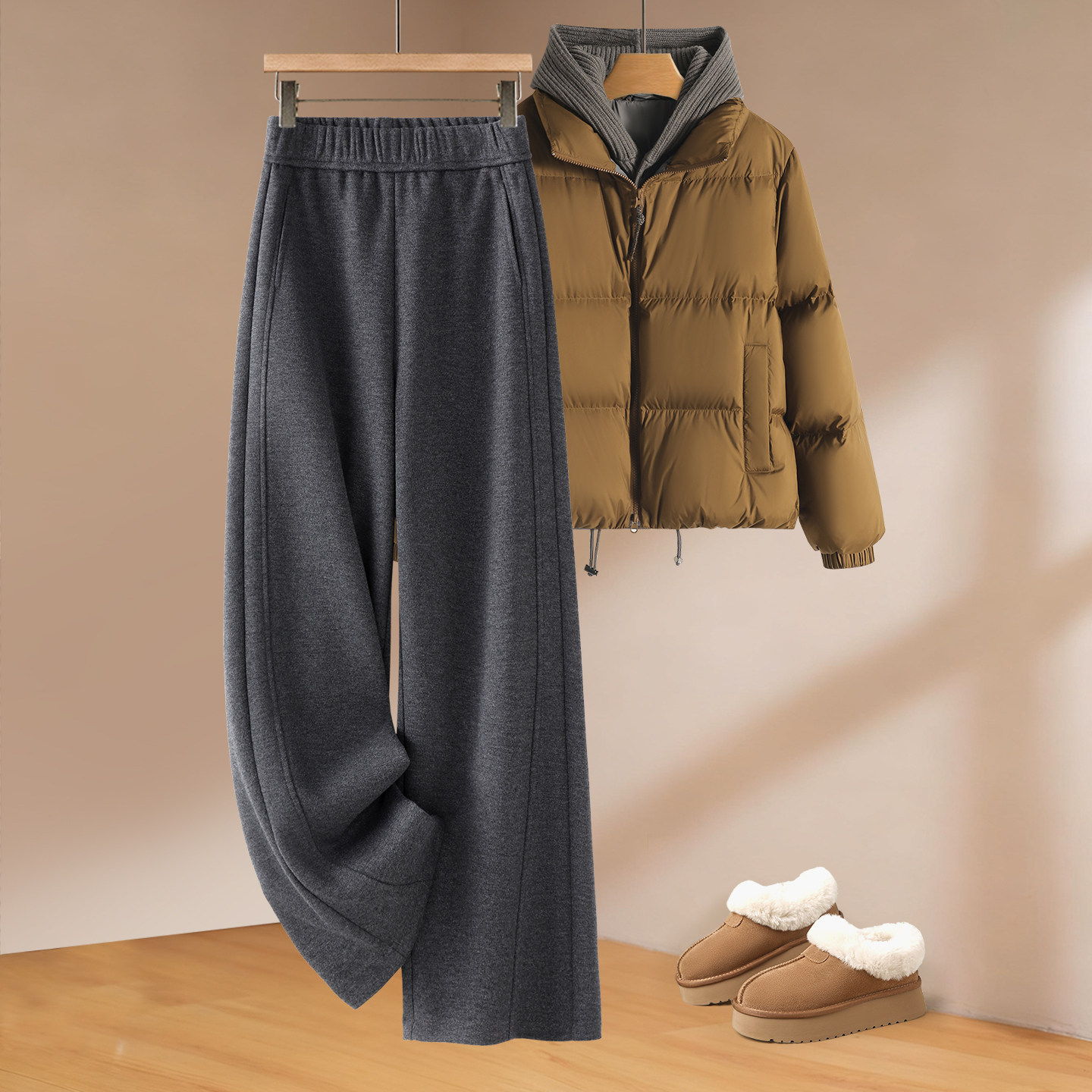 拉夏贝尔灰色醋酸羊毛呢阔腿裤女冬季2025年新款超好看窄版直筒裤,女装/女士精品,大码裤装,淘宝优惠券,粉丝福利购,淘宝优惠卷