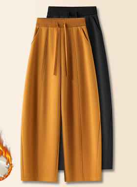 拉夏贝尔姜黄色加绒加厚高腰弯刀裤女春季2026年新款显瘦休闲卫裤