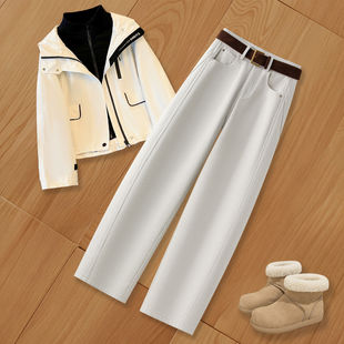 拉夏贝尔版型牛仔裤阔腿宽松弯刀裤女2025新款加绒加厚休闲香蕉裤