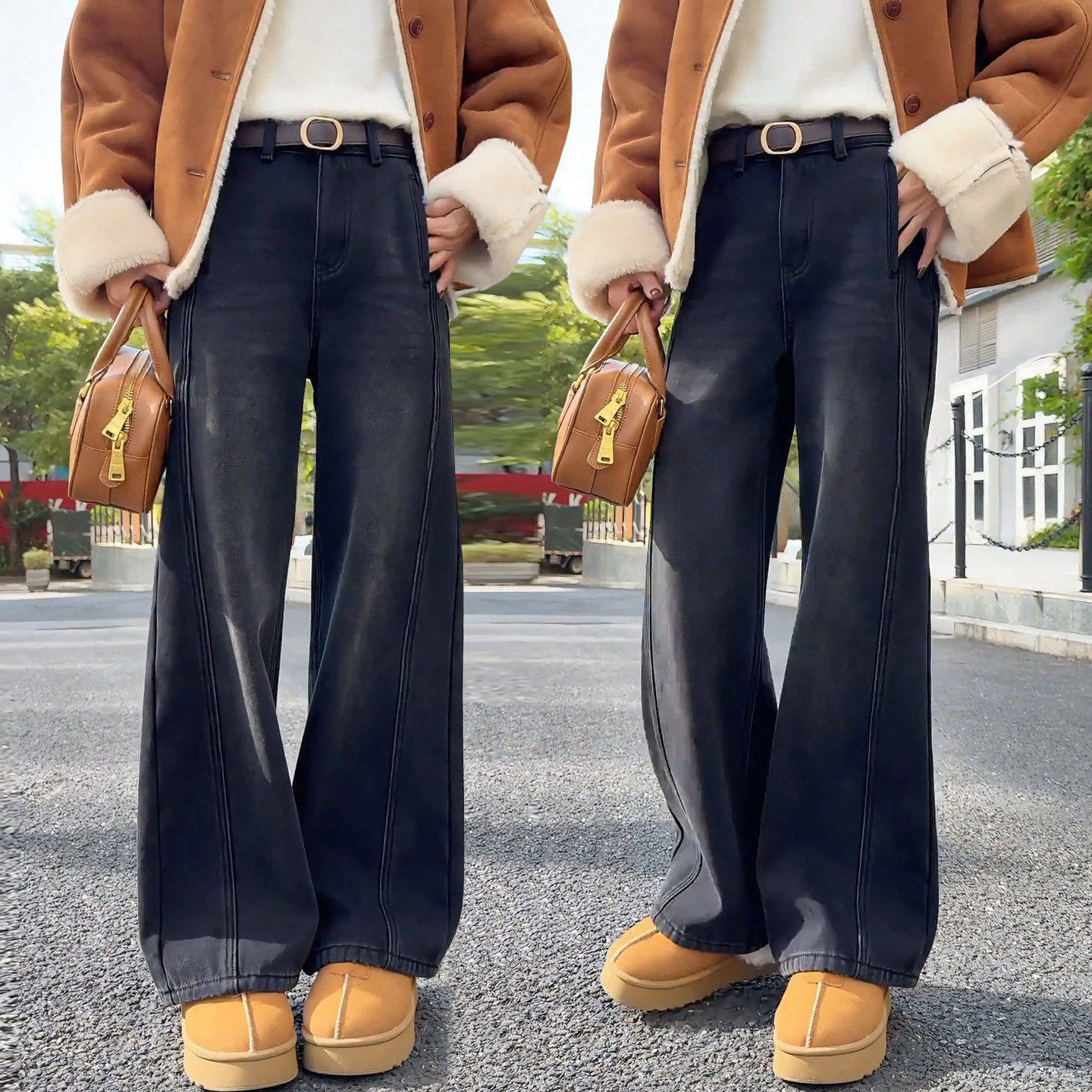 拉夏贝尔加绒加厚黑色牛仔宽裤女2025年秋冬季新款直筒弯刀裤子,女装/女士精品,大码裤装,淘宝优惠券,粉丝福利购,淘宝优惠卷