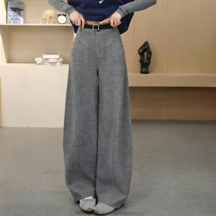 毛呢拖地裤 遮胯厚款 女2026早春新款 拉夏贝尔高级灰阔腿弯刀休闲裤