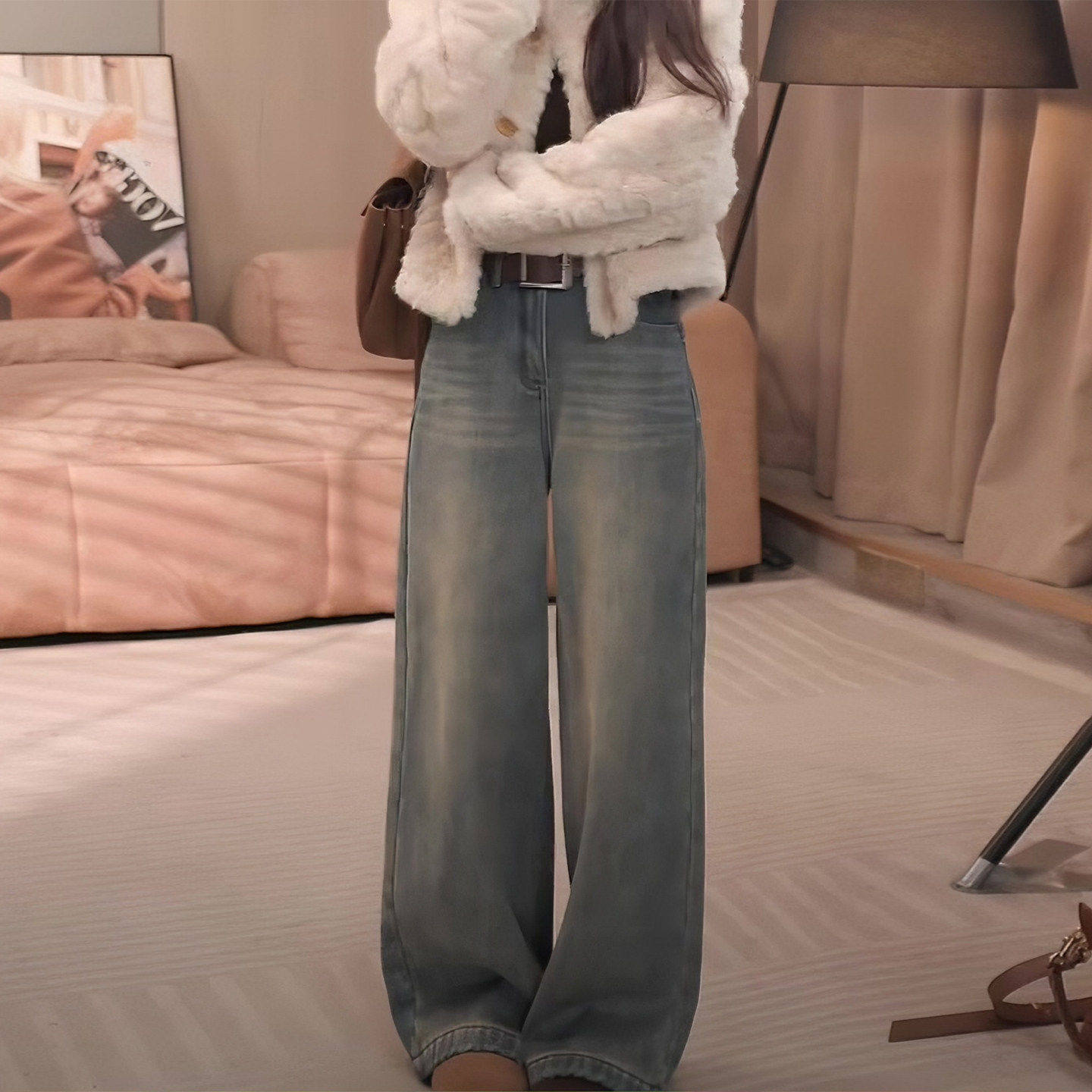 拉夏贝尔复古水洗设计感阔腿牛仔裤女款加绒2025款胖mm显瘦直筒裤,女装/女士精品,大码裤装,淘宝优惠券,粉丝福利购,淘宝优惠卷