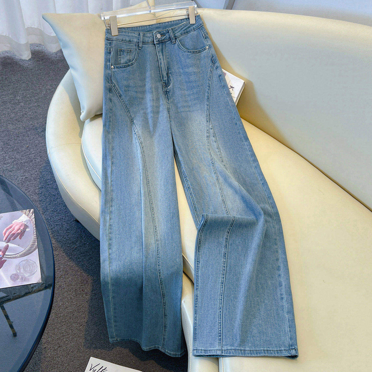 拉夏贝尔高级感蓝色牛仔裤女春季2026新款高腰显瘦窄版宽松阔腿裤,女装/女士精品,牛仔裤,淘宝优惠券,粉丝福利购,淘宝优惠卷