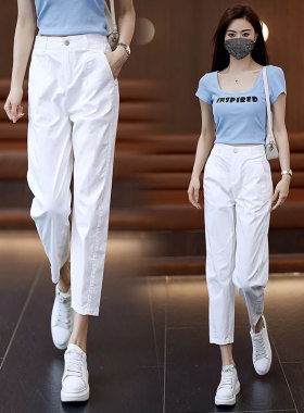 拉夏贝尔白色哈伦裤女2026夏季新款高腰小个子薄款直筒西装烟管裤