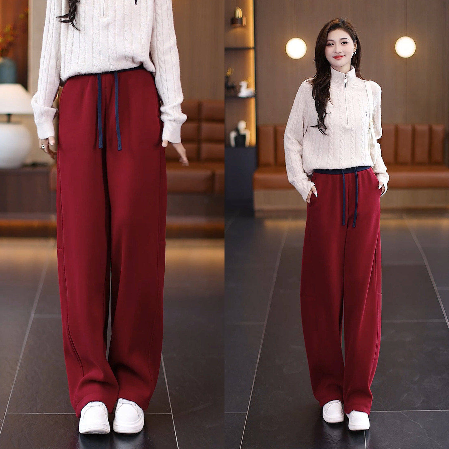 拉夏贝尔红色卫裤女冬季加绒休闲裤2025款高腰宽松显瘦阔腿弯刀裤,女装/女士精品,大码裤装,淘宝优惠券,粉丝福利购,淘宝优惠卷