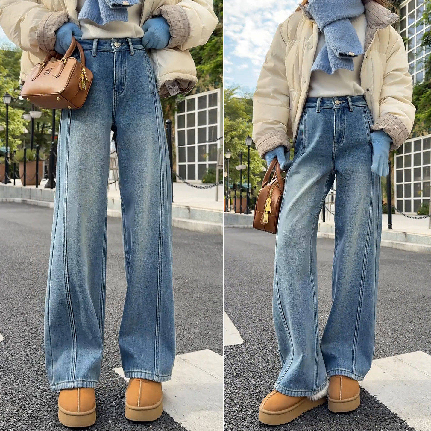 拉夏贝尔浅色牛仔裤加绒裤子女胖mm大码2025新款秋冬季高腰阔腿裤,女装/女士精品,大码裤装,淘宝优惠券,粉丝福利购,淘宝优惠卷