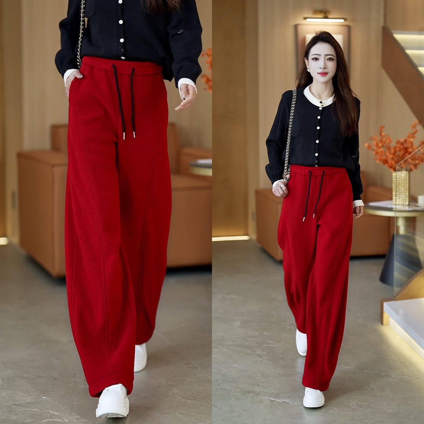 拉夏贝尔毛呢阔腿裤女秋冬季休闲裤2025新款香蕉裤加绒加厚弯刀裤,女装/女士精品,大码裤装,淘宝优惠券,粉丝福利购,淘宝优惠卷