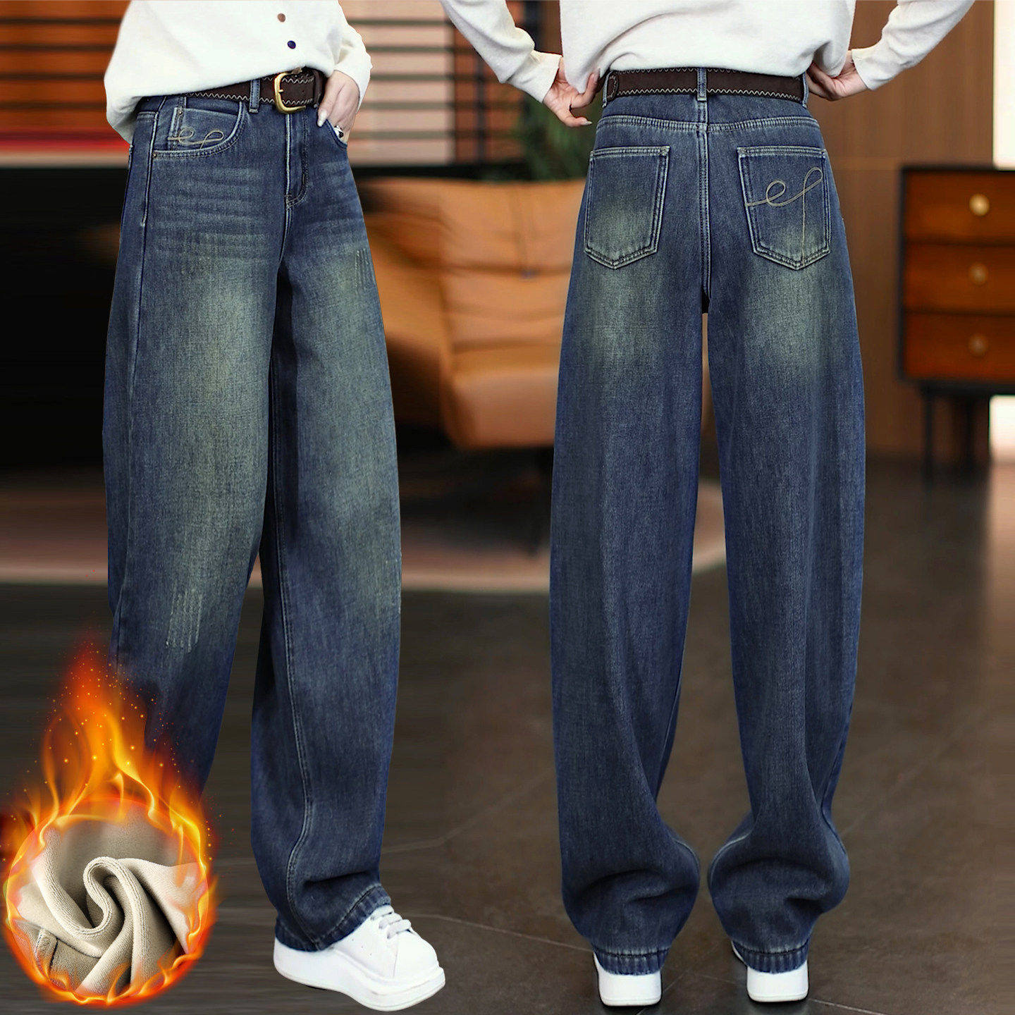 拉夏贝尔弯刀牛仔裤女2025年冬季新款梨型身材加绒加厚复古直筒裤,女装/女士精品,大码裤装,淘宝优惠券,粉丝福利购,淘宝优惠卷