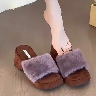疯狂星团~水貂毛厚底方头毛毛拖鞋女秋冬新款小个子真皮坡跟棉鞋