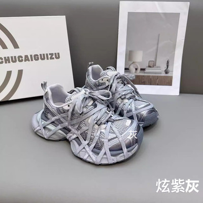 蜘蛛网厚底绑带老爹鞋女2025秋季新款网面复古透气跑步运动休闲鞋