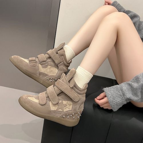 Mooreyu原创真皮复古高帮鞋女新款休闲德训厚底内增高运动板鞋秋