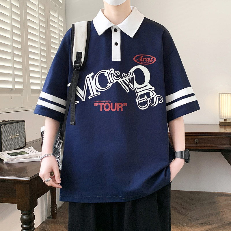 短袖T恤男夏季青少年宽松POLO衫初中高中学生翻领半袖衬衫领上衣