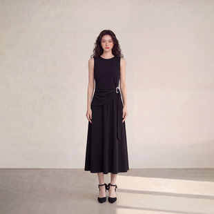 艾格法式 黑色背心连衣裙设计感收腰A字高级感显瘦气质裙 无袖