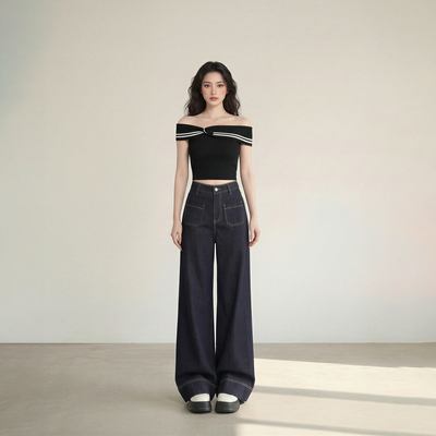 艾格丹尼蓝高腰阔腿牛仔裤女春季新款宽松垂感直筒百搭休闲拖地裤