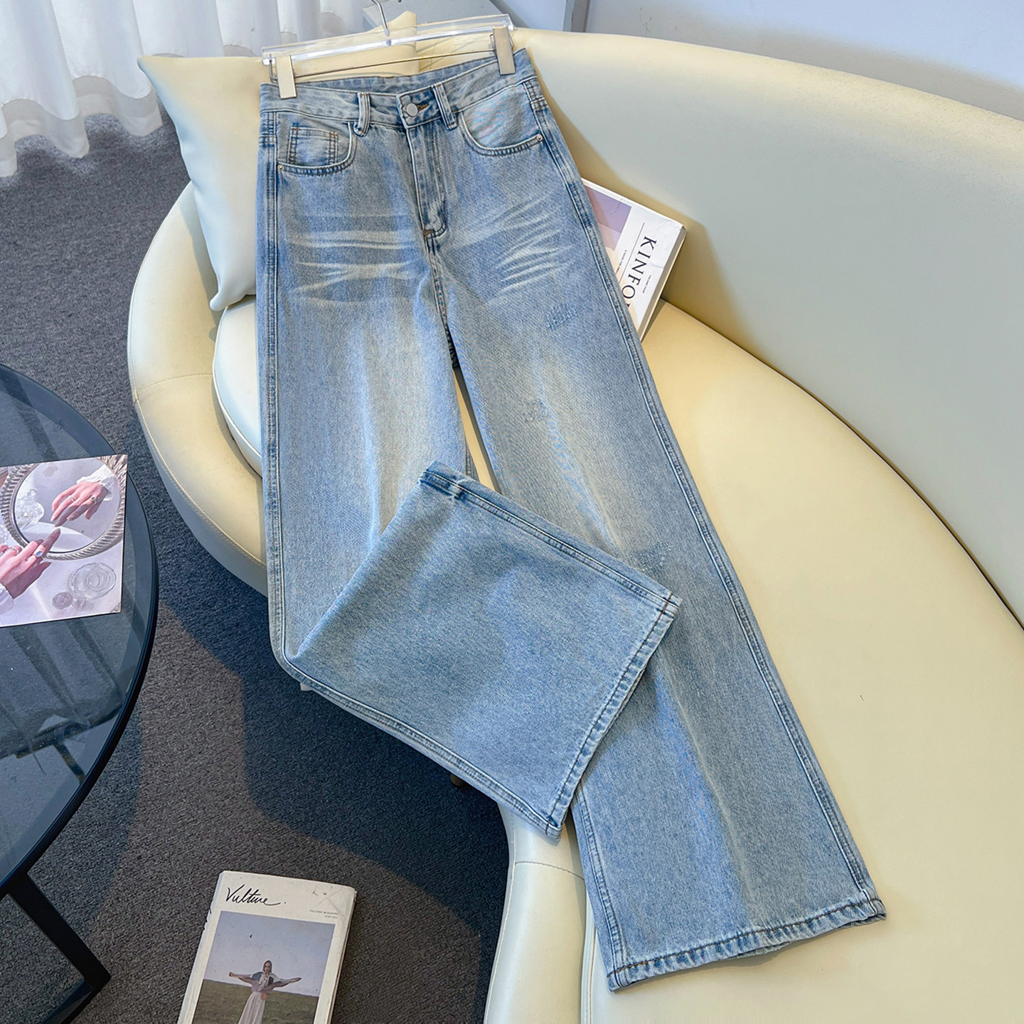 艾格复古磨破阔腿牛仔裤女2025秋冬宽松百搭显瘦垂感拖地裤子