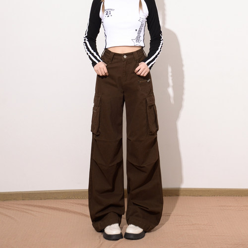 美式复古高腰显瘦工装阔腿裤女