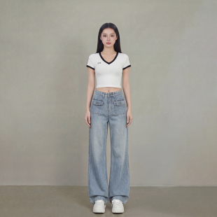 子 辣妹直筒长裤 艾格2026春夏做旧阔腿牛仔裤 女高腰翻盖垂感拖地裤
