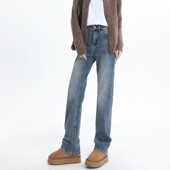 艾格窄版 高腰显瘦高个子弹力百搭直筒裤 阔腿牛仔裤 女2025秋冬新款