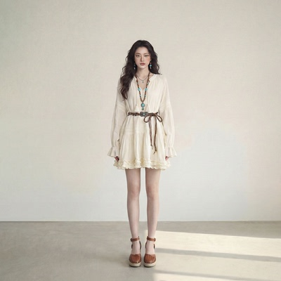 艾格波西米亚V领收腰显瘦连衣裙