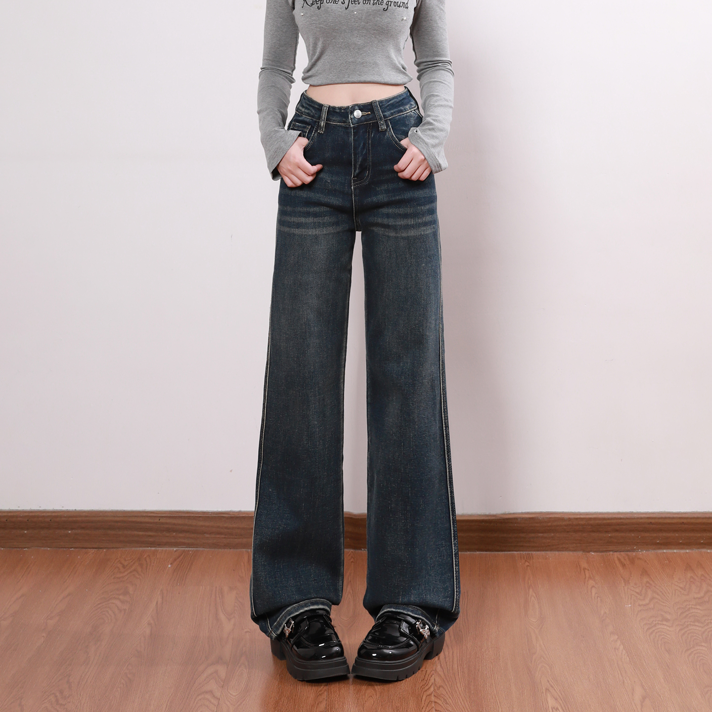 艾格爆款高腰普鲁士蓝直筒牛仔裤女百搭休闲裤宽松显瘦阔腿拖地裤