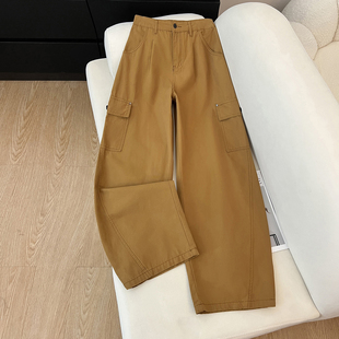 艾格新款土黄色阔腿工装裤女口袋款休闲裤百搭宽松显瘦牛仔长裤子