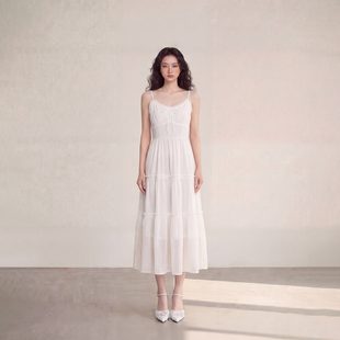 艾格仙女白色吊带连衣裙夏季 蛋糕裙设计感度假风拼接小白裙 新款