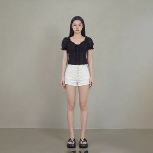 显瘦百搭日常短袖 极简风黑色修身 上衣 2026夏新款 艾格T恤女泡泡袖