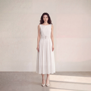 艾格极简风无袖 裙高级感温柔风背心裙 白色连衣裙女收腰A字中长款