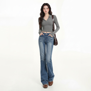 显瘦百搭拖地长裤 艾格美式 新款 女2026春季 复古蓝色直筒牛仔裤