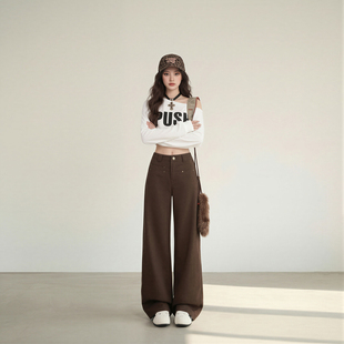 高腰宽松显瘦直筒长裤 新款 女2026春季 艾格复古可可色阔腿牛仔裤