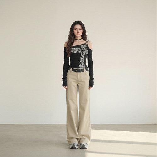 艾格复古低腰阔腿牛仔裤女显瘦