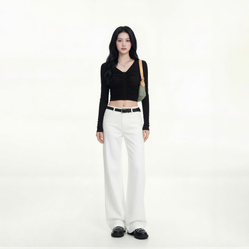 艾格极简白色低腰显瘦牛仔阔腿裤