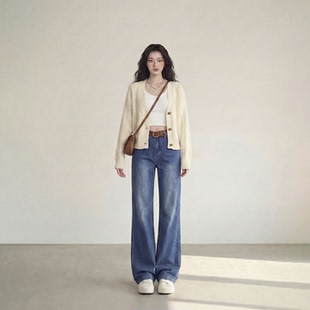 高腰不贴腿宽松显瘦垂感拖地裤 艾格蓝色复古喇叭牛仔裤 女2026春季