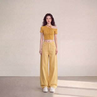 牛仔直筒阔腿裤 艾格树叶黄时尚 宽松百搭拖地款 2026春季 弯刀裤