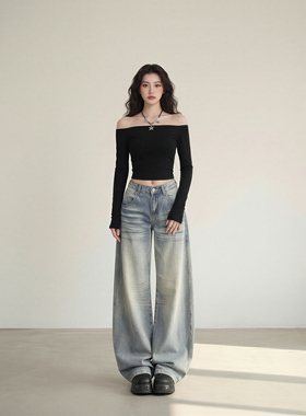 艾格复古浅蓝色阔腿牛仔裤女春季新款宽松显瘦刺绣弯刀拖地裤