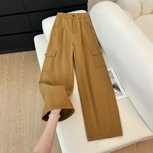 艾格土黄色口袋款阔腿工装裤女2026新款高腰百搭宽松显瘦休闲裤