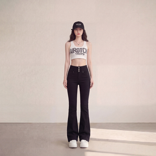 艾格复古高腰排扣设计感喇叭裤女修身显瘦四面弹拖地裤马蹄微喇裤