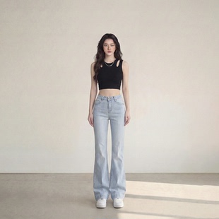 百搭微喇长裤 艾格复古高腰喇叭牛仔裤 女水洗浅蓝色显瘦拖地裤