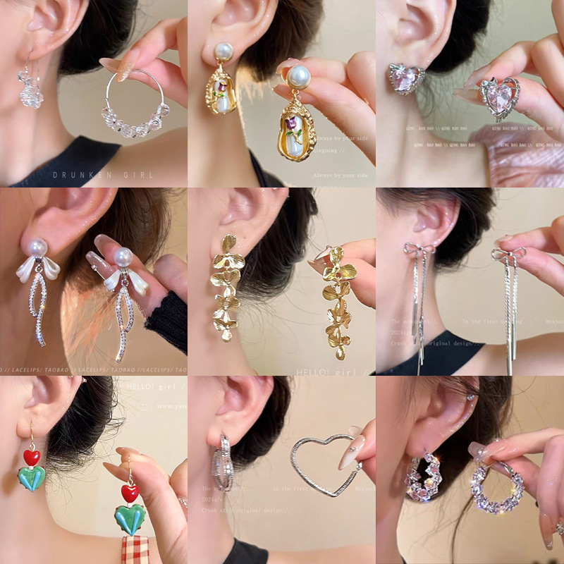 S925银针百搭气质珍珠耳钉女小众长款流苏蝴蝶结耳环精致锆石耳饰