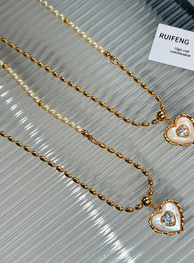 天然贝母爱心珍珠项链女s家复古轻奢小众秋冬高级感锁骨链毛衣链