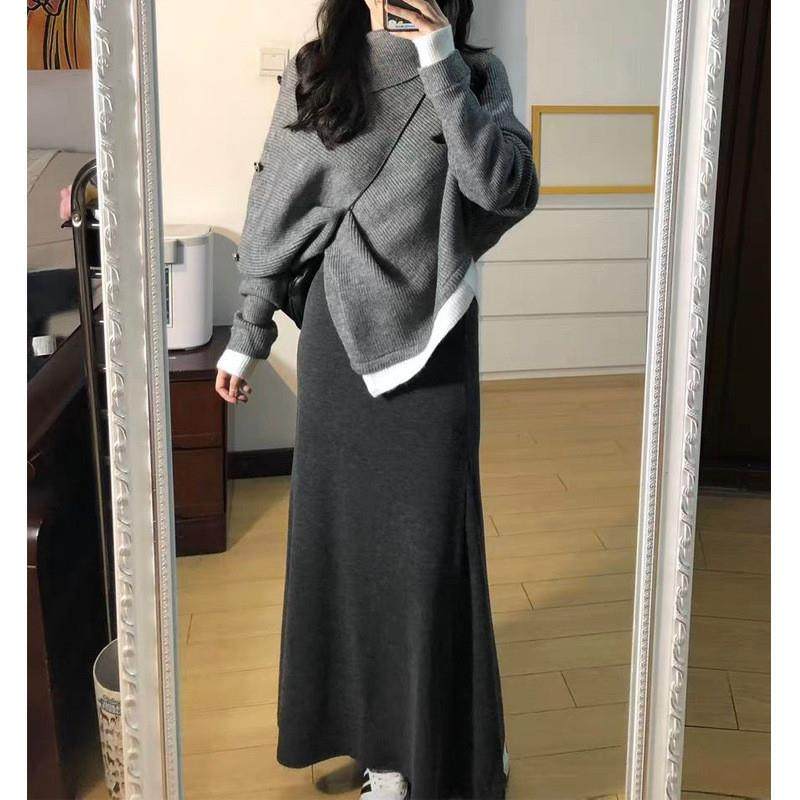 新款女秋冬高领不规则宽松斗篷毛半身裙