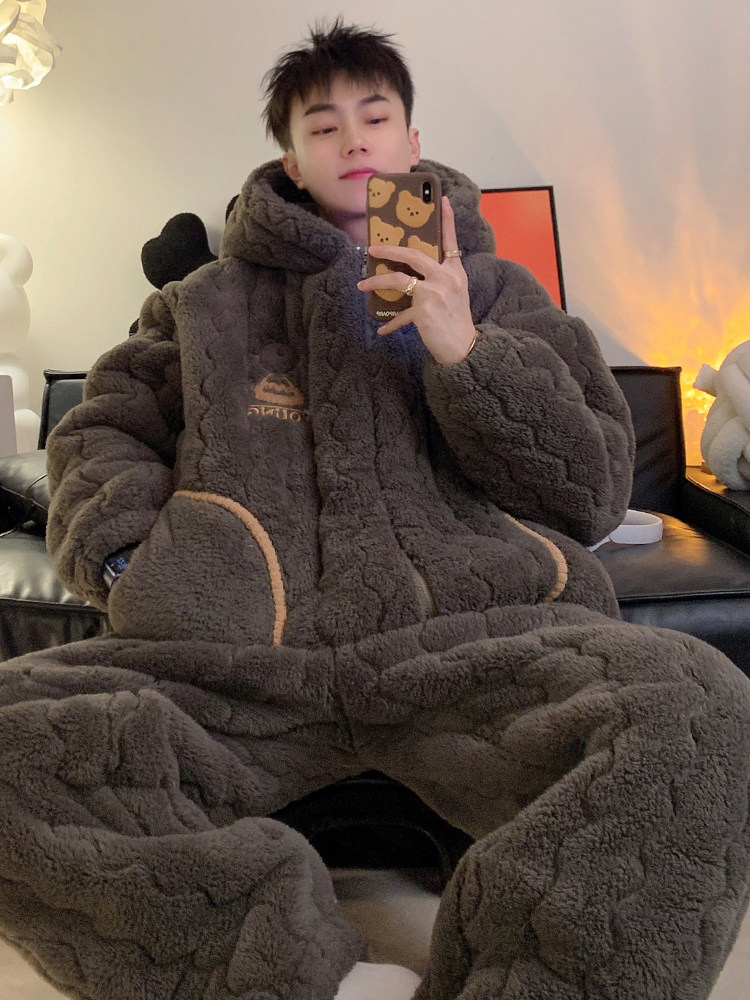 男款睡衣加绒加厚秋冬季保暖珊瑚绒青少年三层夹棉冬天连帽家居服