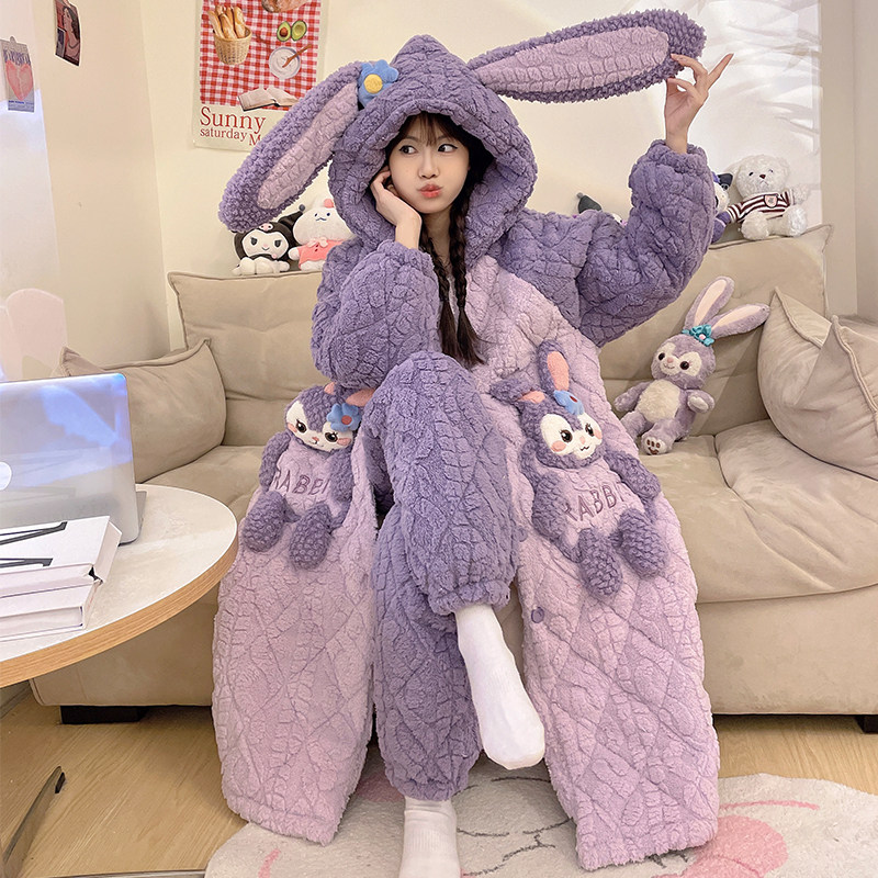 秋冬季珊瑚绒睡衣女2024新款加绒加厚三层夹棉浴袍睡袍家居服冬天