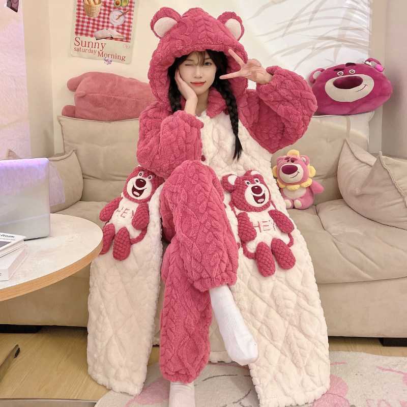 珊瑚绒睡衣女秋冬季2023新款三层夹棉加绒加厚睡袍浴袍可爱家居服
