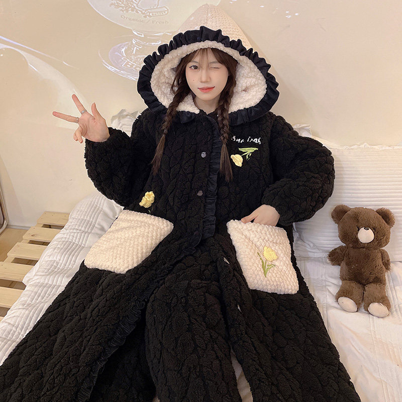珊瑚绒睡衣女秋冬款三层夹棉保暖睡袍可爱公主冬季连帽浴袍家居服