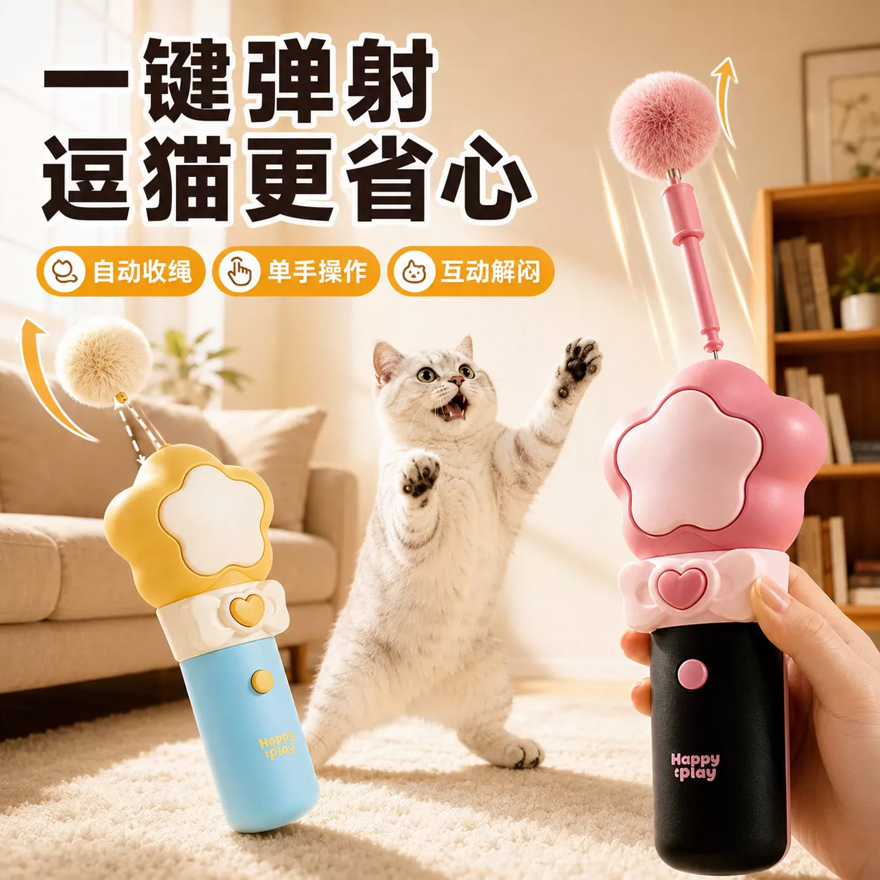 懒人款丨自动收绳电动逗猫棒