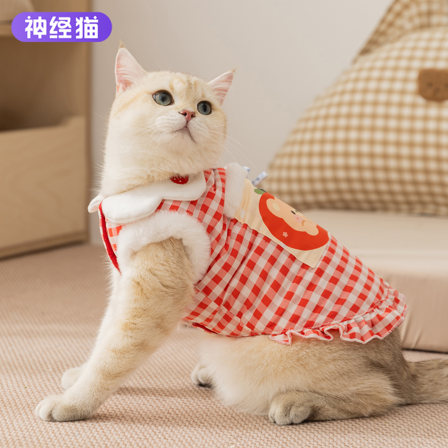 猫衣服格子口袋花瓣领马甲