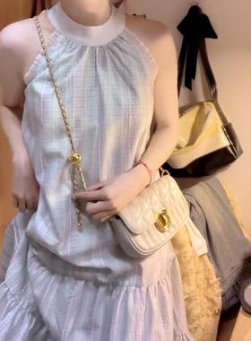 蓝色格衣纹无款袖挂脖吊带连裙子女夏季感新高级海边度假84259长