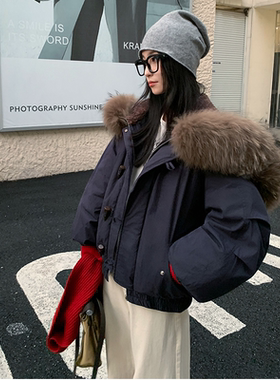 实拍牛角扣大毛领连帽棉服外套女短款冬韩系小个子加厚工装派克服